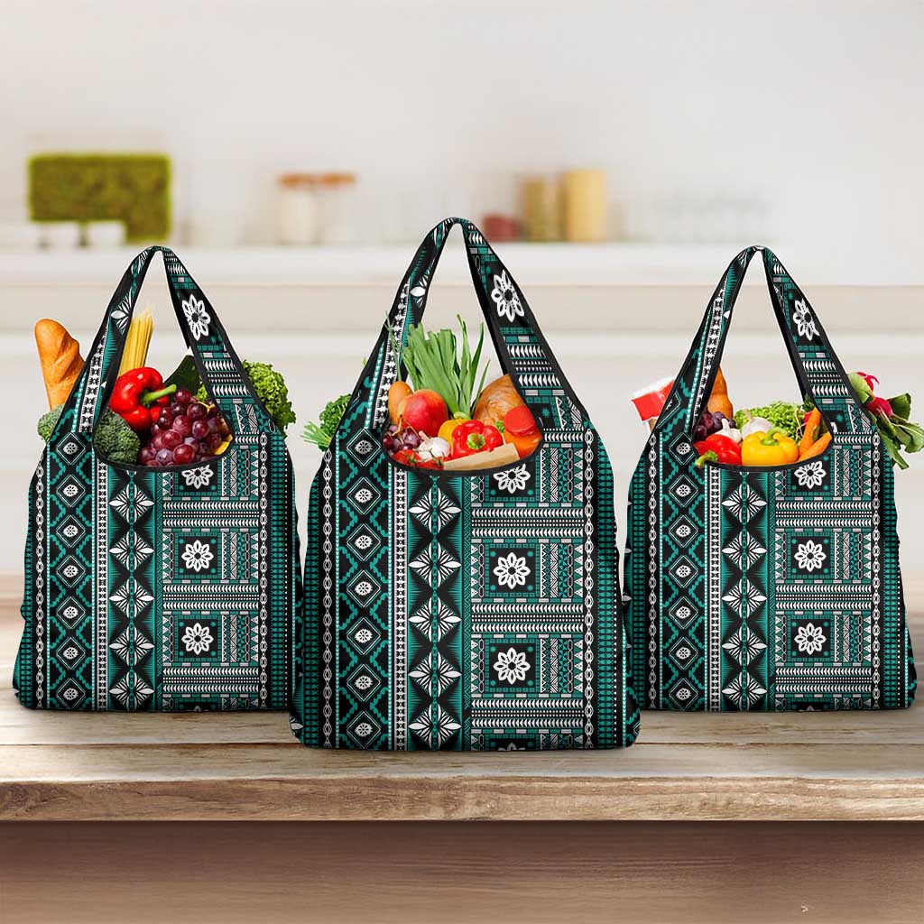 Fiji Masi Tapa Pattern Teal Grocery Bag LT01 3-pack One Size Teal - Polynesian Pride
