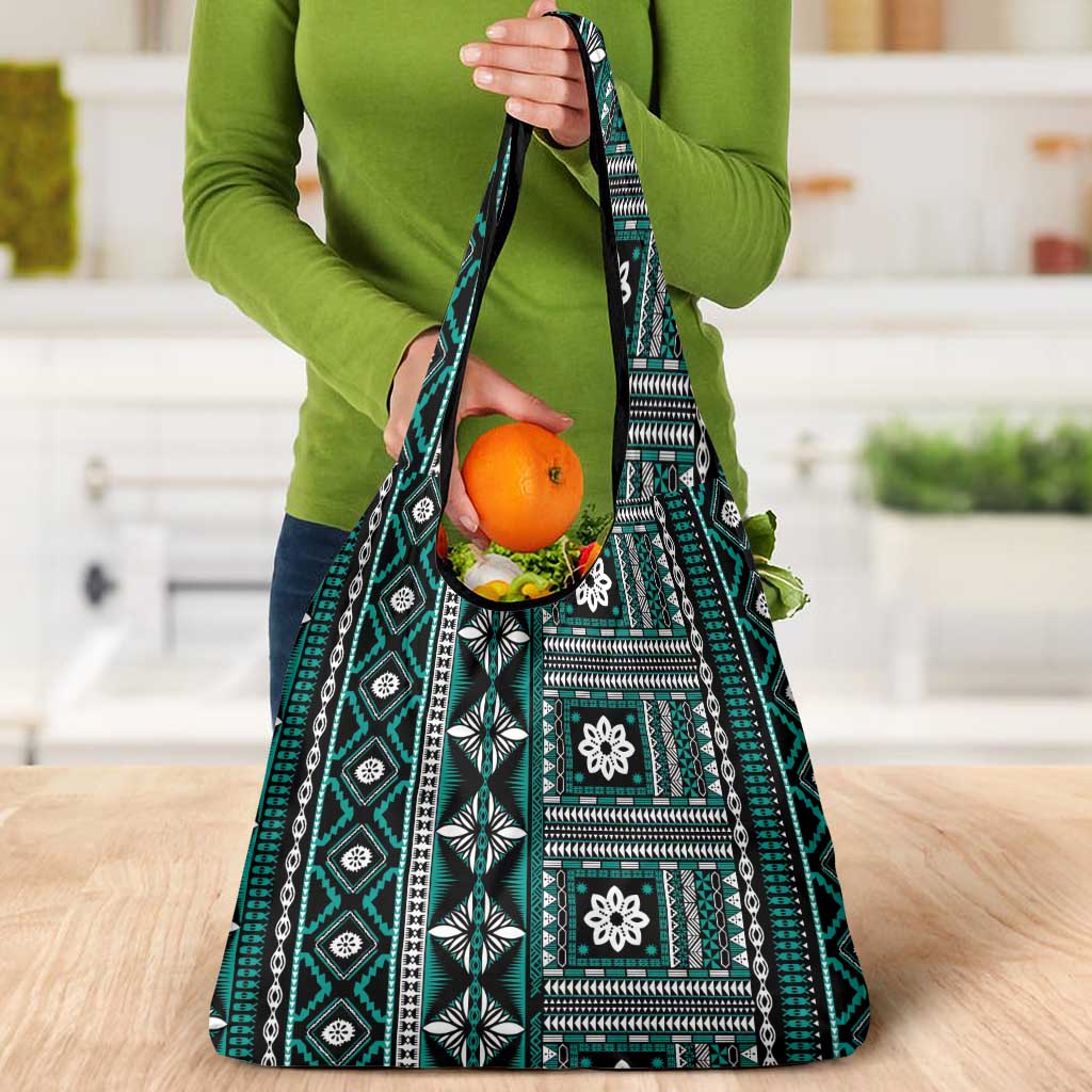 Fiji Masi Tapa Pattern Teal Grocery Bag LT01 - Polynesian Pride
