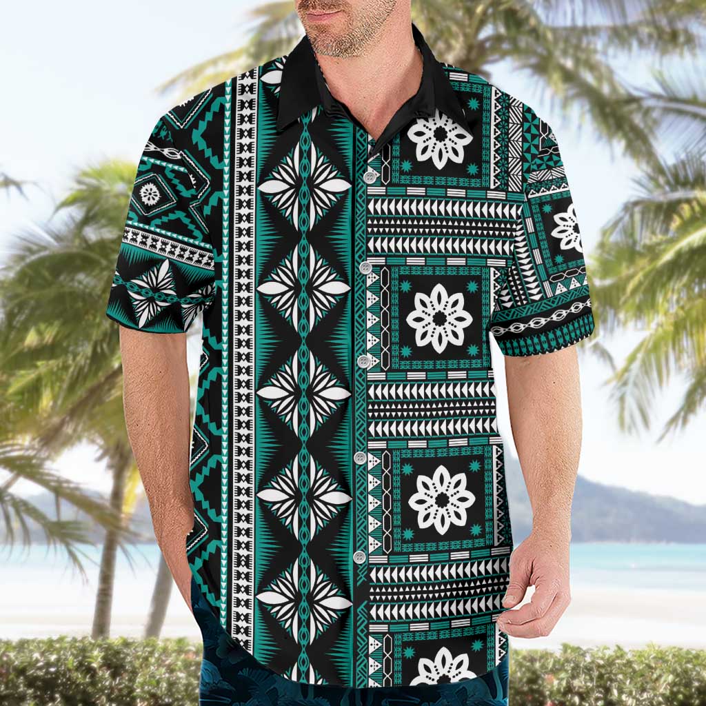 Fiji Masi Tapa Pattern Teal Hawaiian Shirt LT01 - Polynesian Pride