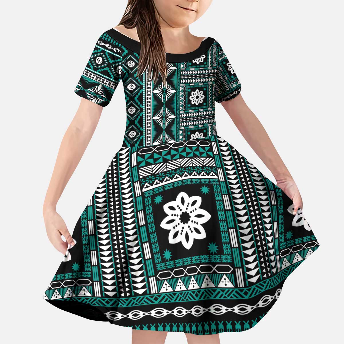 Fiji Masi Tapa Pattern Teal Kid Short Sleeve Dress LT01 KID Teal - Polynesian Pride