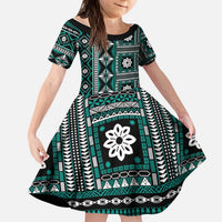 Fiji Masi Tapa Pattern Teal Kid Short Sleeve Dress LT01 KID Teal - Polynesian Pride