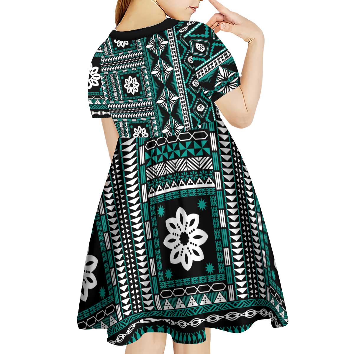Fiji Masi Tapa Pattern Teal Kid Short Sleeve Dress LT01 - Polynesian Pride