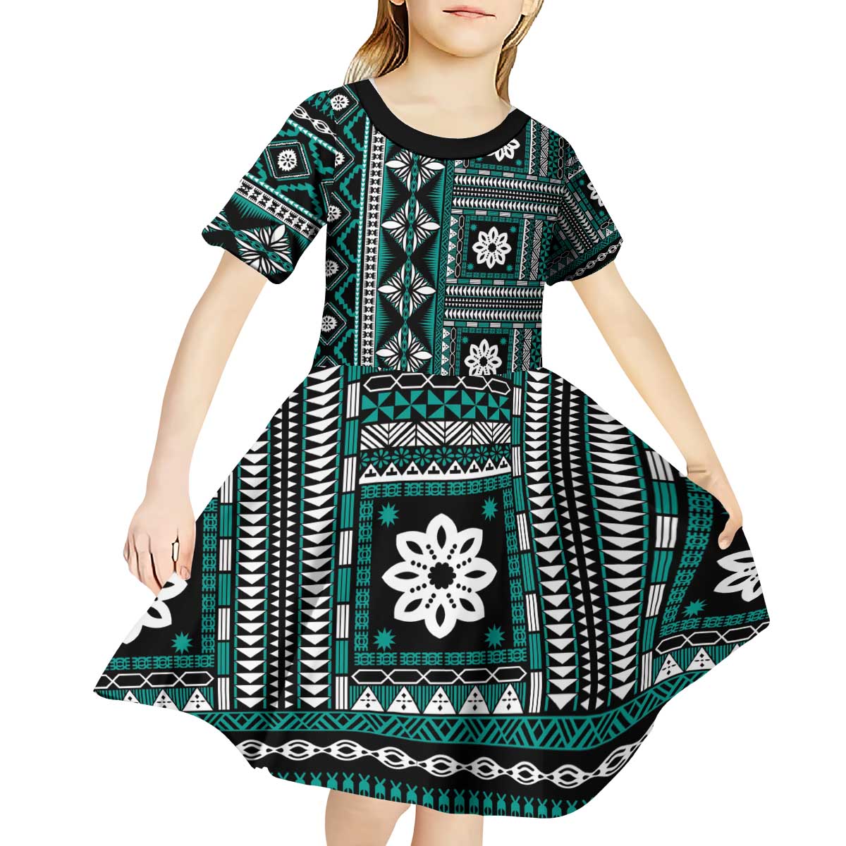 Fiji Masi Tapa Pattern Teal Kid Short Sleeve Dress LT01 - Polynesian Pride