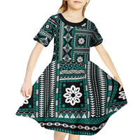 Fiji Masi Tapa Pattern Teal Kid Short Sleeve Dress LT01 - Polynesian Pride
