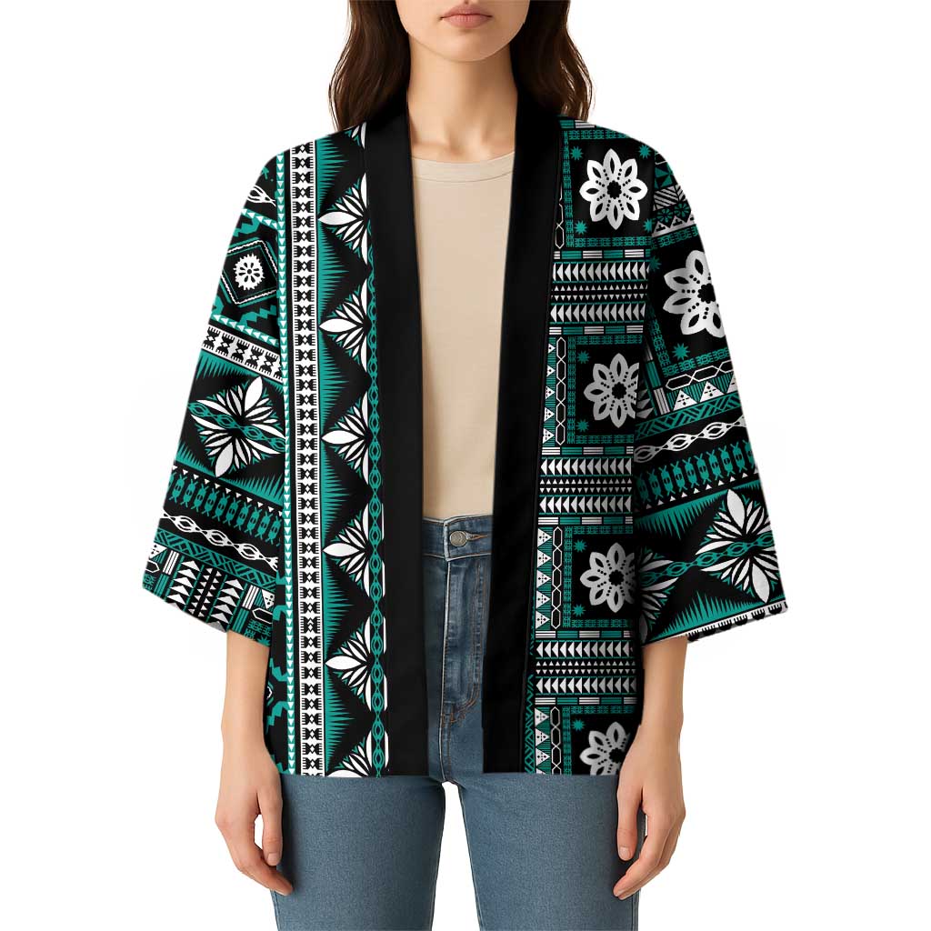 Fiji Masi Tapa Pattern Teal Kimono LT01 - Polynesian Pride