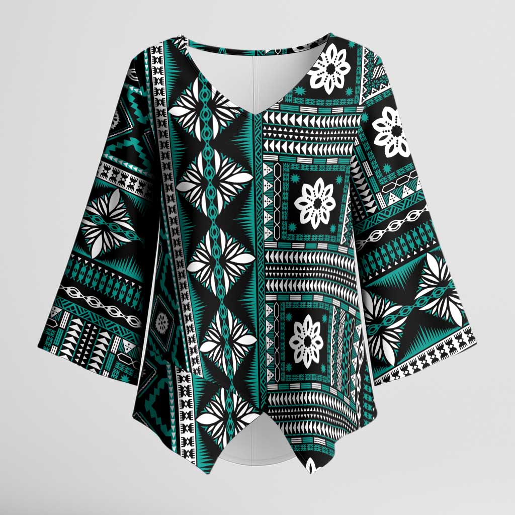 Fiji Masi Tapa Pattern Teal Kimono Sleeve Blouse LT01 Female Teal - Polynesian Pride
