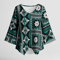 Fiji Masi Tapa Pattern Teal Kimono Sleeve Blouse LT01 Female Teal - Polynesian Pride