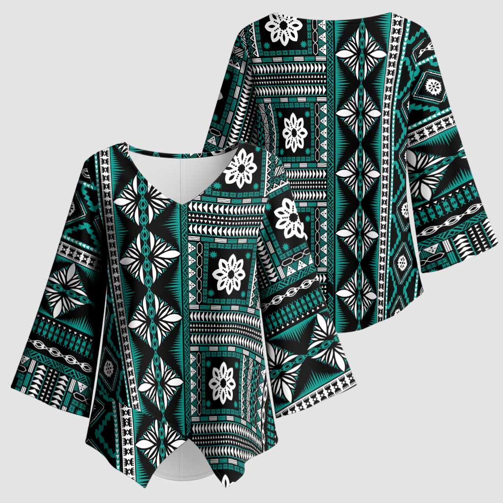 Fiji Masi Tapa Pattern Teal Kimono Sleeve Blouse LT01 - Polynesian Pride