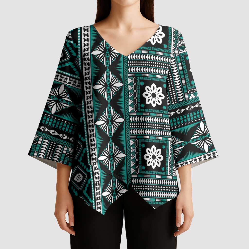 Fiji Masi Tapa Pattern Teal Kimono Sleeve Blouse LT01 - Polynesian Pride