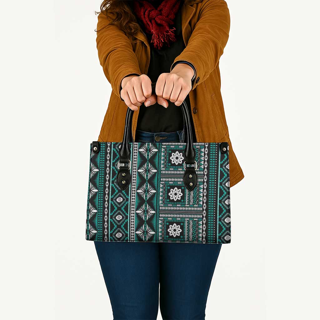 Fiji Masi Tapa Pattern Teal Leather Bag LT01 - Polynesian Pride