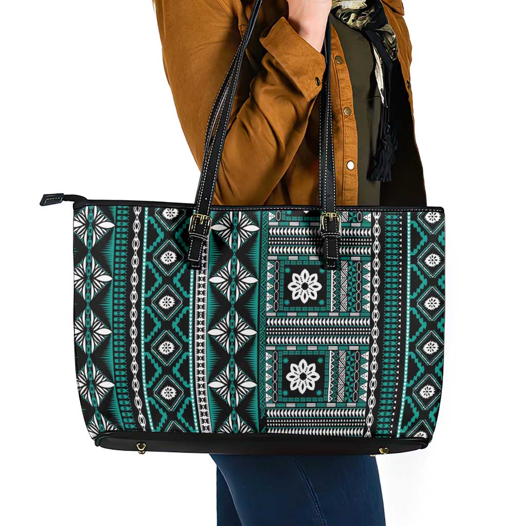 Fiji Masi Tapa Pattern Teal Leather Tote Bag LT01 - Polynesian Pride