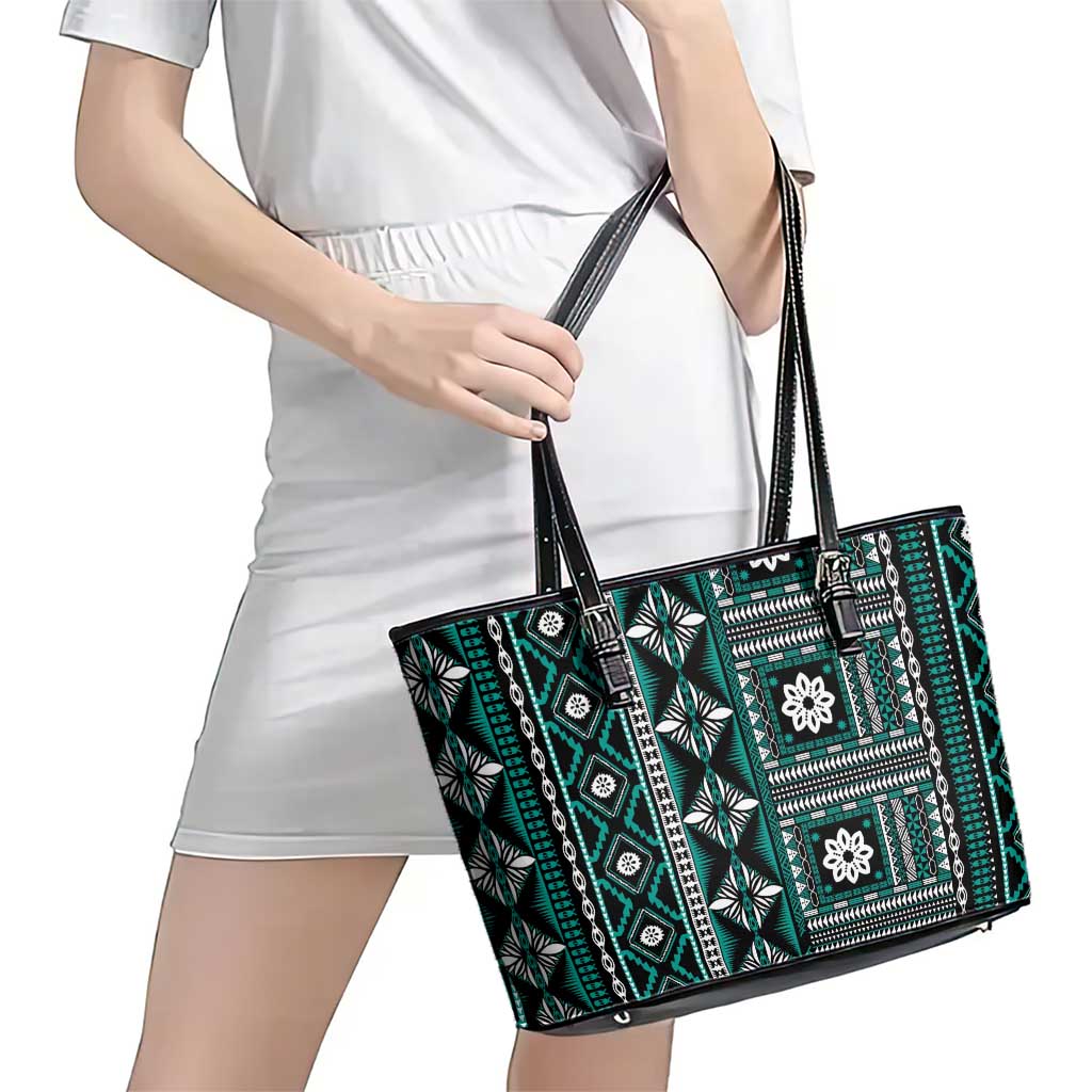 Fiji Masi Tapa Pattern Teal Leather Tote Bag LT01 - Polynesian Pride
