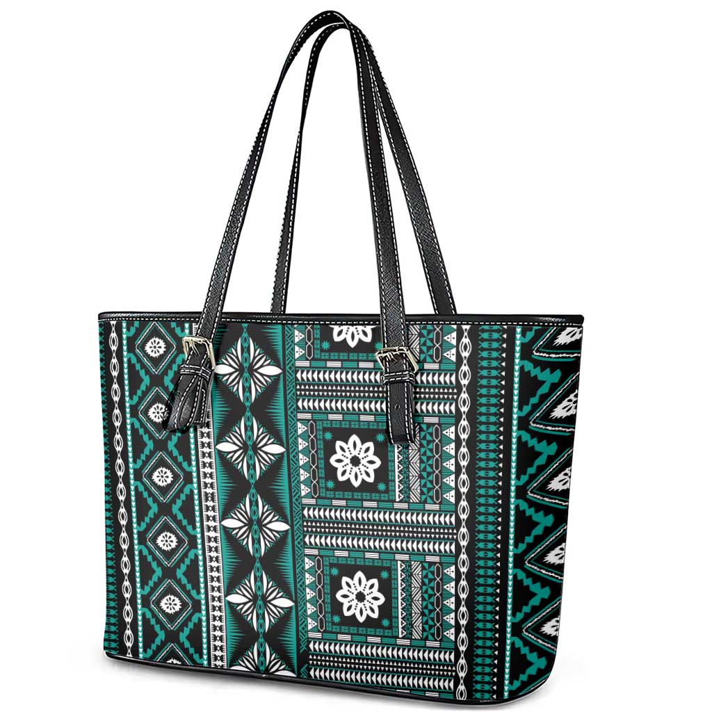 Fiji Masi Tapa Pattern Teal Leather Tote Bag LT01 - Polynesian Pride