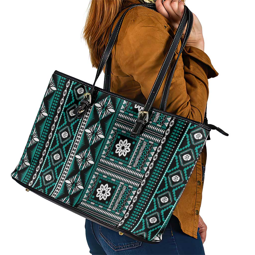 Fiji Masi Tapa Pattern Teal Leather Tote Bag LT01 - Polynesian Pride
