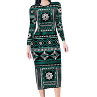 Fiji Masi Tapa Pattern Teal Long Sleeve Bodycon Dress LT01 Long Dress Teal - Polynesian Pride