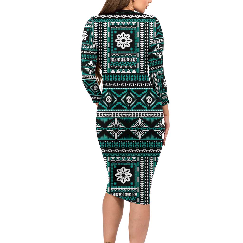 Fiji Masi Tapa Pattern Teal Long Sleeve Bodycon Dress LT01 - Polynesian Pride