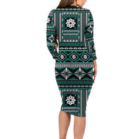 Fiji Masi Tapa Pattern Teal Long Sleeve Bodycon Dress LT01 - Polynesian Pride