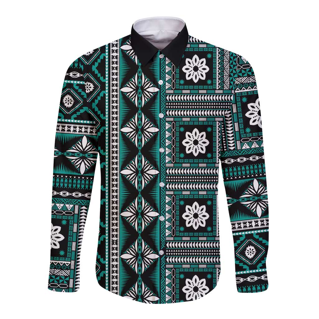 Fiji Masi Tapa Pattern Teal Long Sleeve Button Shirt LT01 Unisex Teal - Polynesian Pride