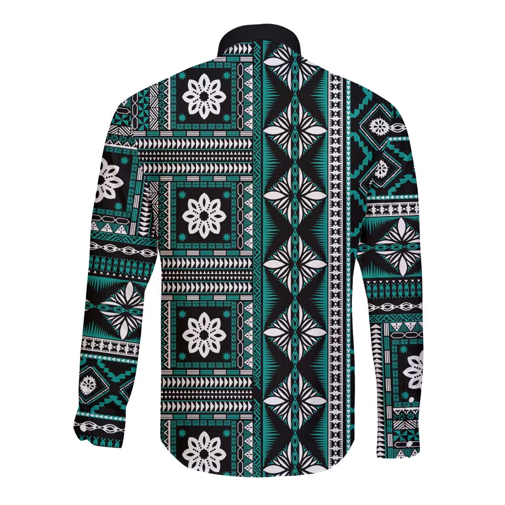 Fiji Masi Tapa Pattern Teal Long Sleeve Button Shirt LT01 - Polynesian Pride