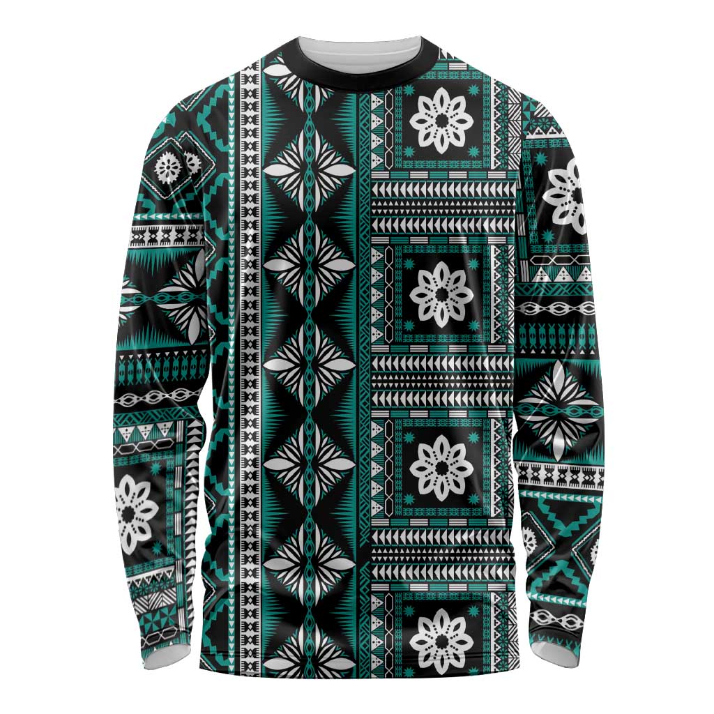 Fiji Masi Tapa Pattern Teal Long Sleeve Shirt LT01 Unisex Teal - Polynesian Pride