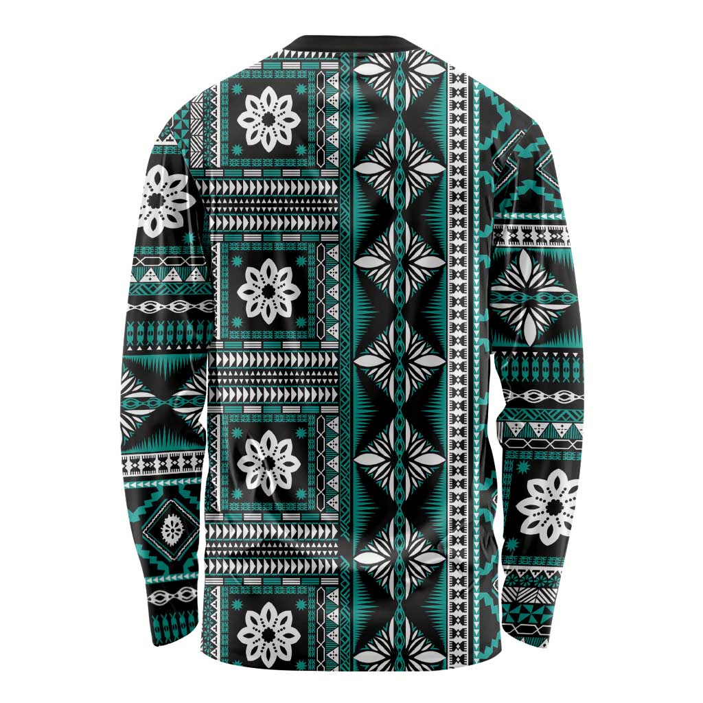 Fiji Masi Tapa Pattern Teal Long Sleeve Shirt LT01 - Polynesian Pride