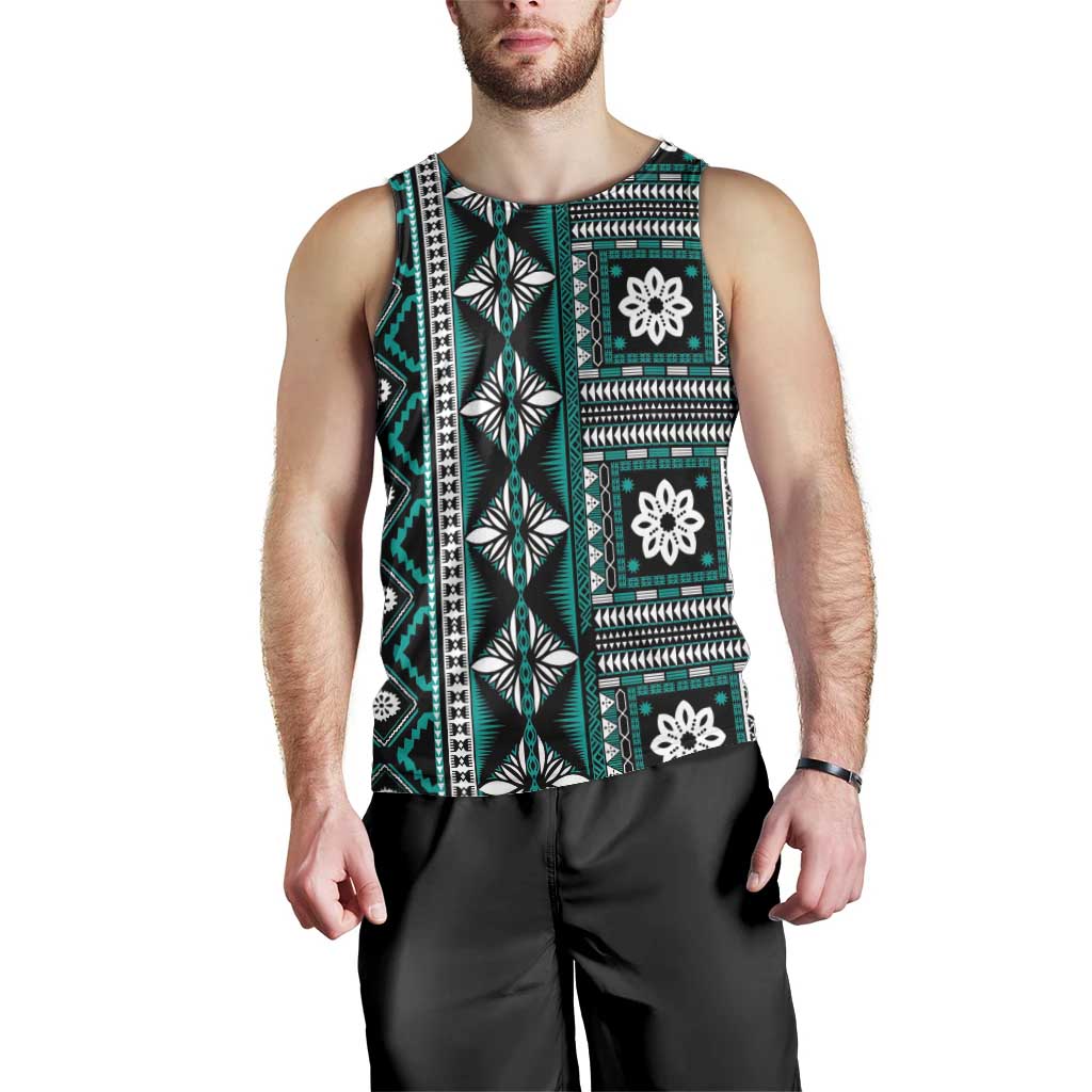 Fiji Masi Tapa Pattern Teal Men Tank Top LT01 - Polynesian Pride