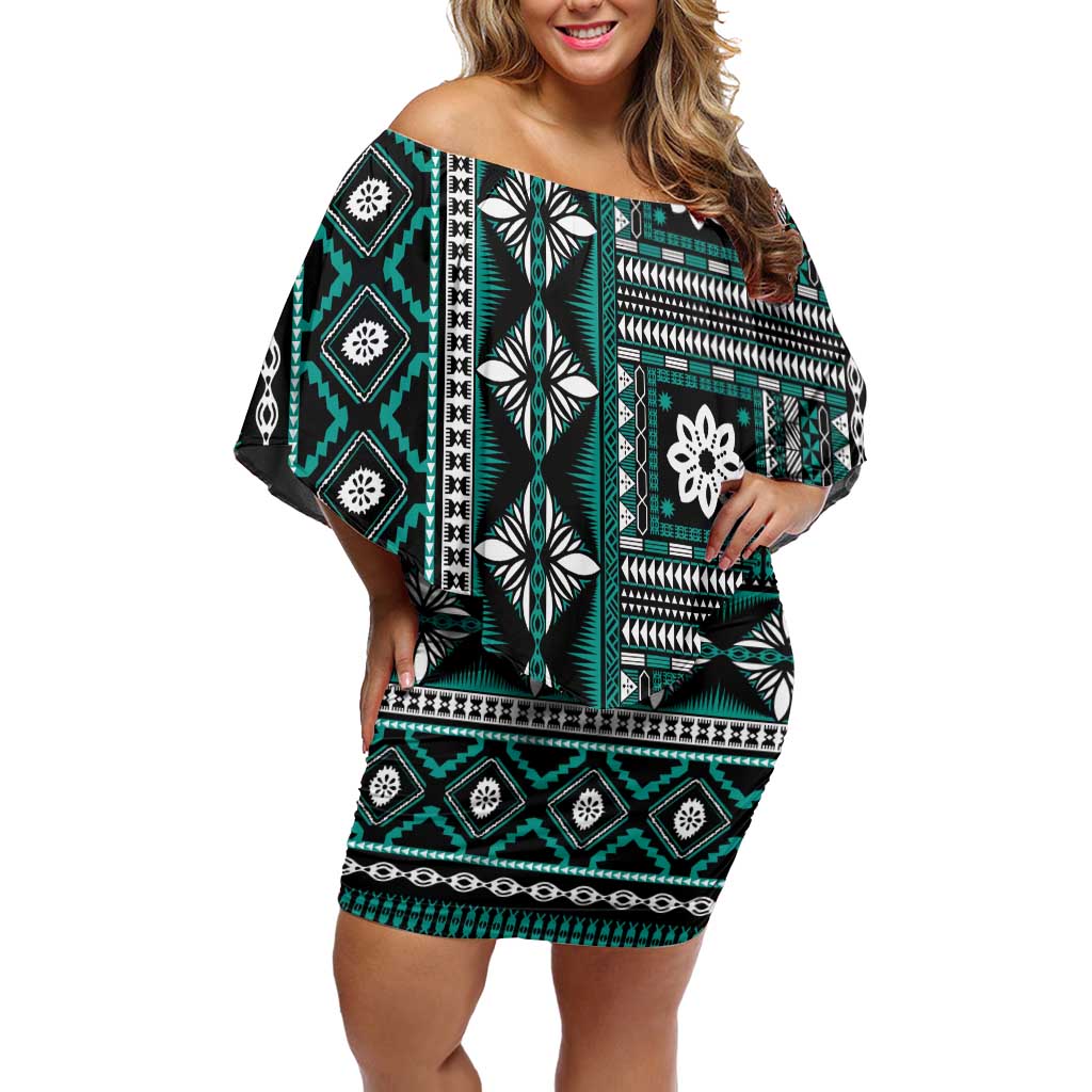 Fiji Masi Tapa Pattern Teal Off Shoulder Short Dress LT01 Women Teal - Polynesian Pride