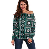 Fiji Masi Tapa Pattern Teal Off Shoulder Sweater LT01 Women Teal - Polynesian Pride