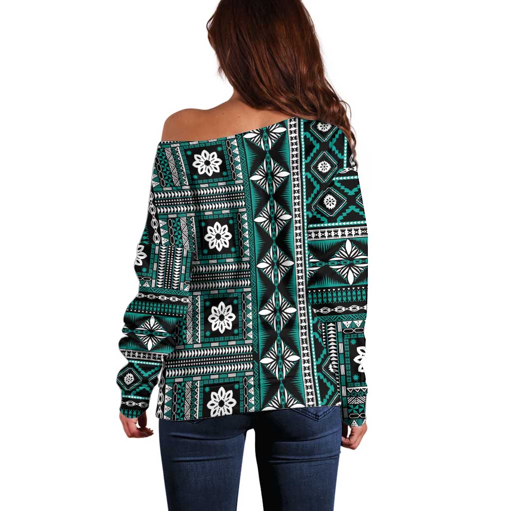 Fiji Masi Tapa Pattern Teal Off Shoulder Sweater LT01 - Polynesian Pride