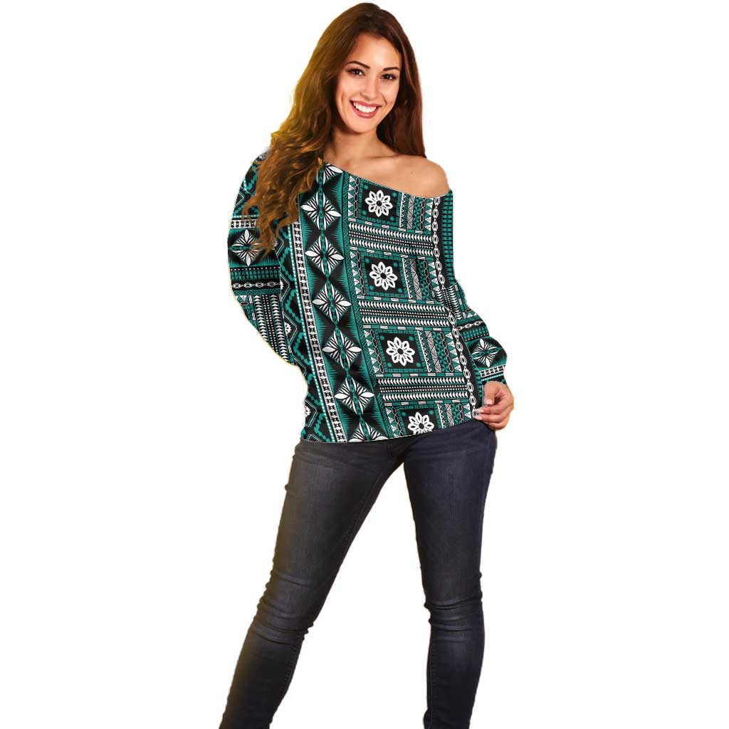 Fiji Masi Tapa Pattern Teal Off Shoulder Sweater LT01 - Polynesian Pride
