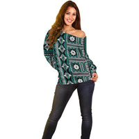 Fiji Masi Tapa Pattern Teal Off Shoulder Sweater LT01 - Polynesian Pride
