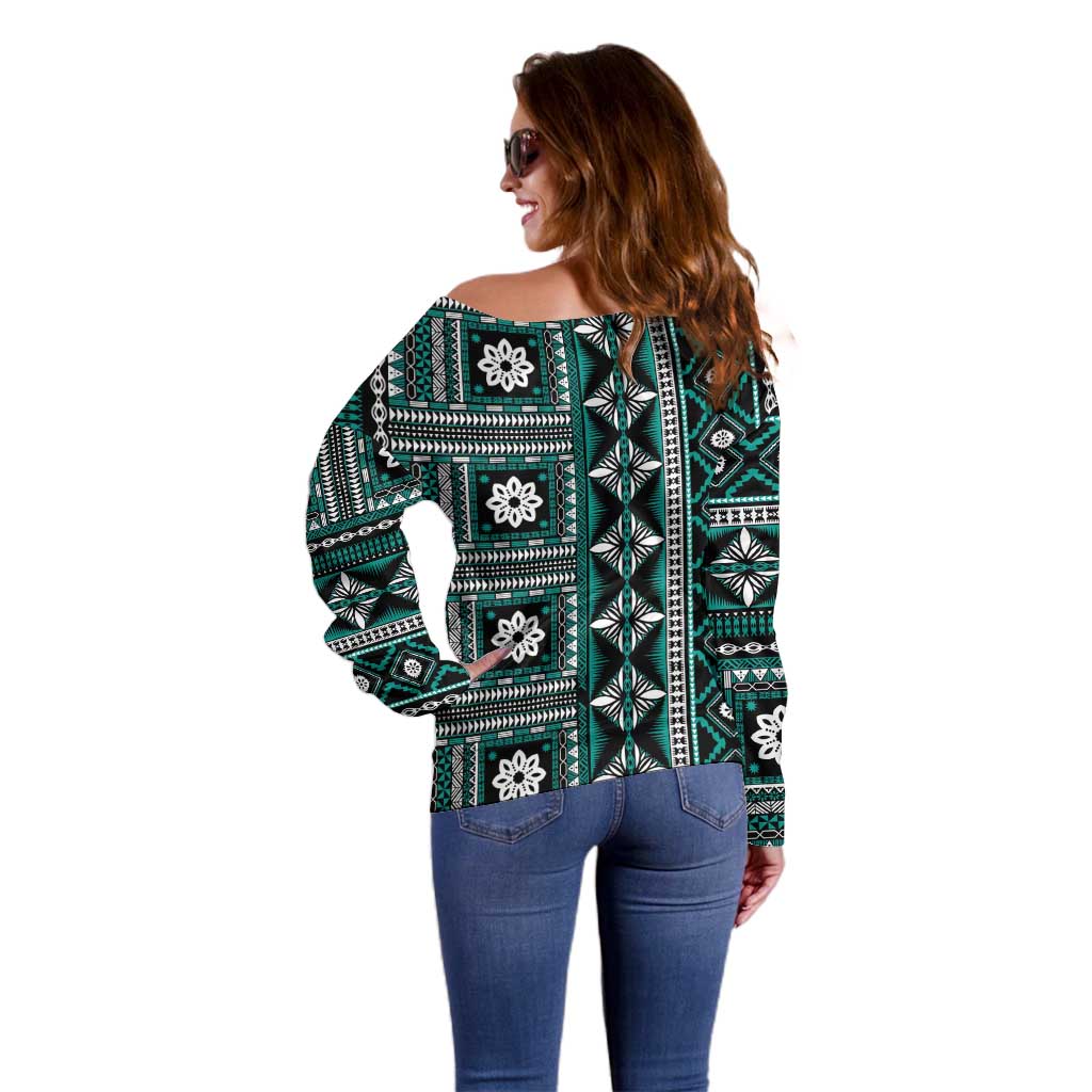Fiji Masi Tapa Pattern Teal Off Shoulder Sweater LT01 - Polynesian Pride