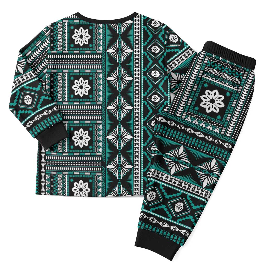 Fiji Masi Tapa Pattern Teal Christmas Pajama Set LT01 - Polynesian Pride