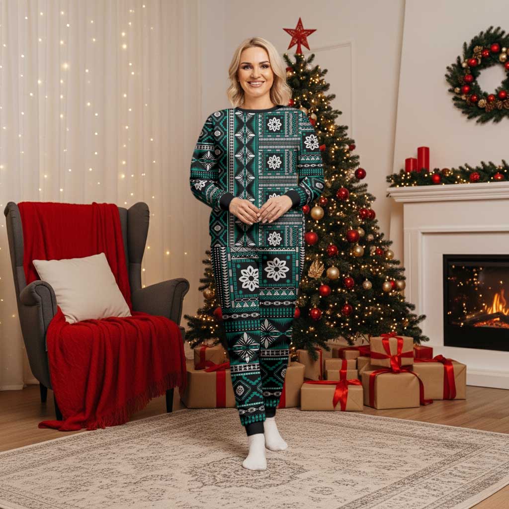 Fiji Masi Tapa Pattern Teal Christmas Pajama Set LT01 Women Teal - Polynesian Pride