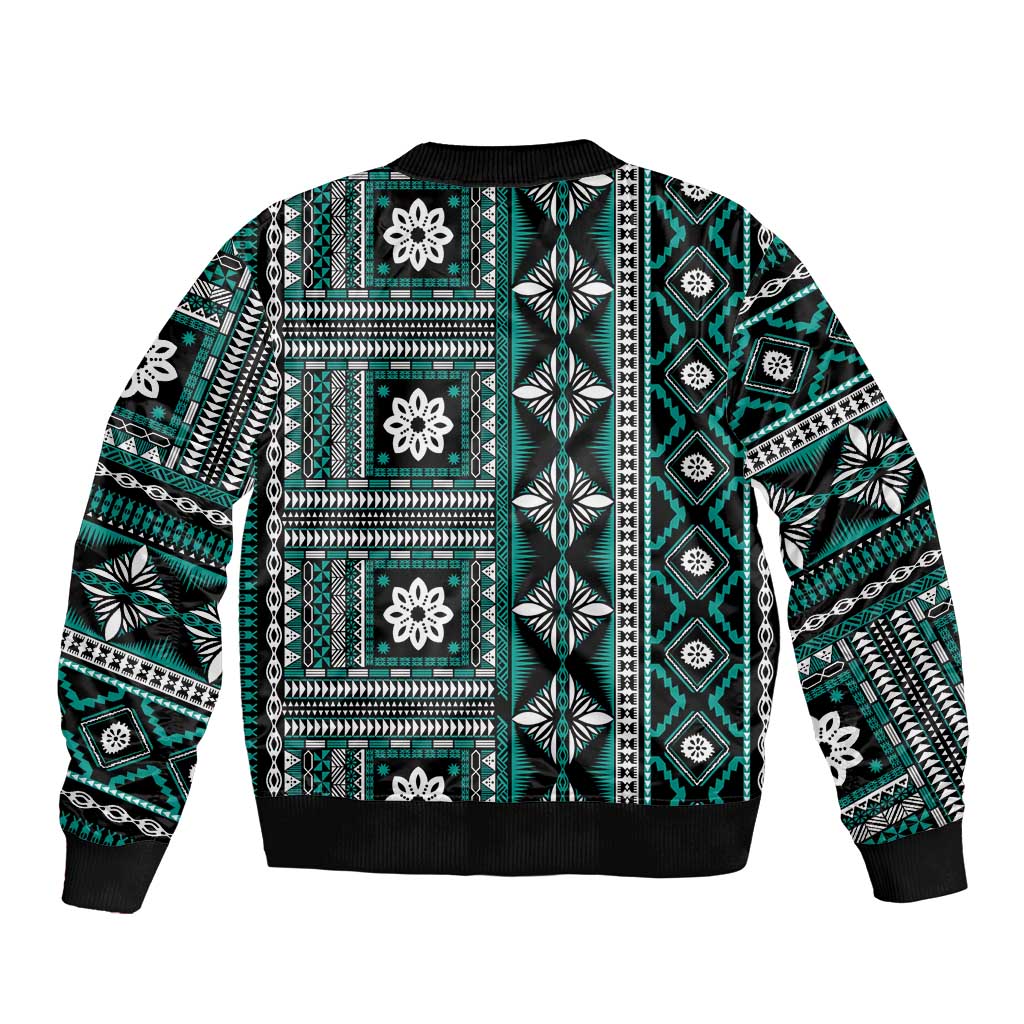 Fiji Masi Tapa Pattern Teal Sleeve Zip Bomber Jacket LT01 - Polynesian Pride