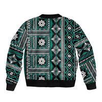 Fiji Masi Tapa Pattern Teal Sleeve Zip Bomber Jacket LT01 - Polynesian Pride