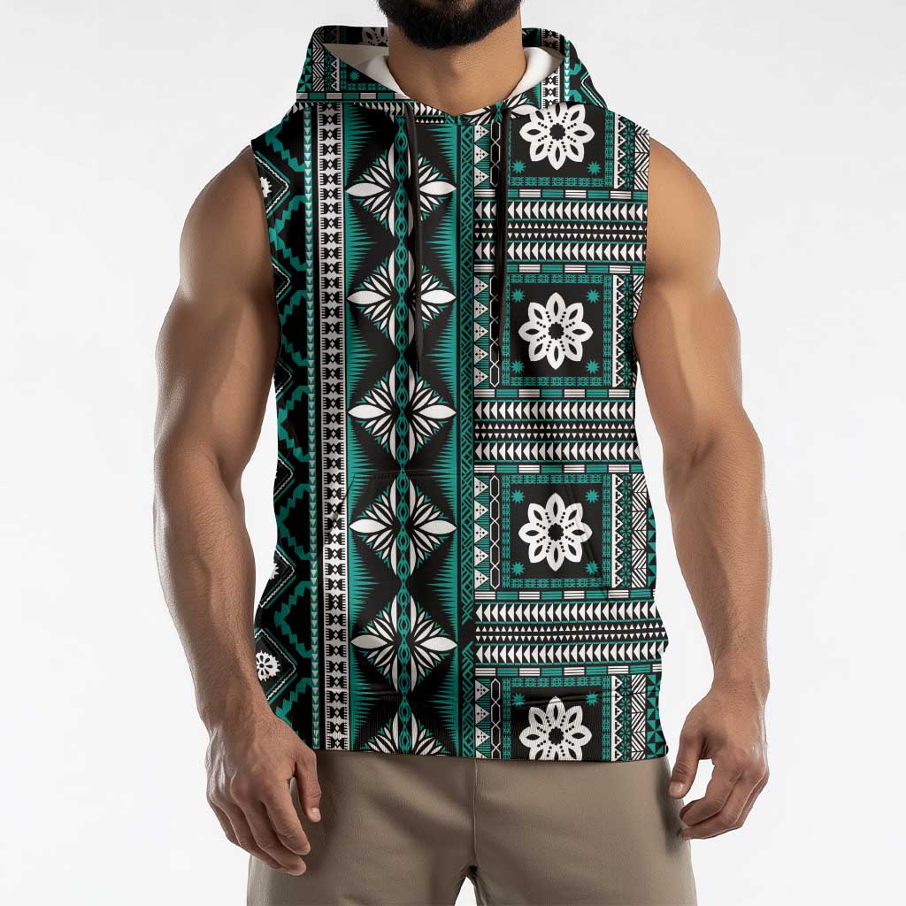 Fiji Masi Tapa Pattern Teal Sleeveless Hoodie LT01 - Polynesian Pride