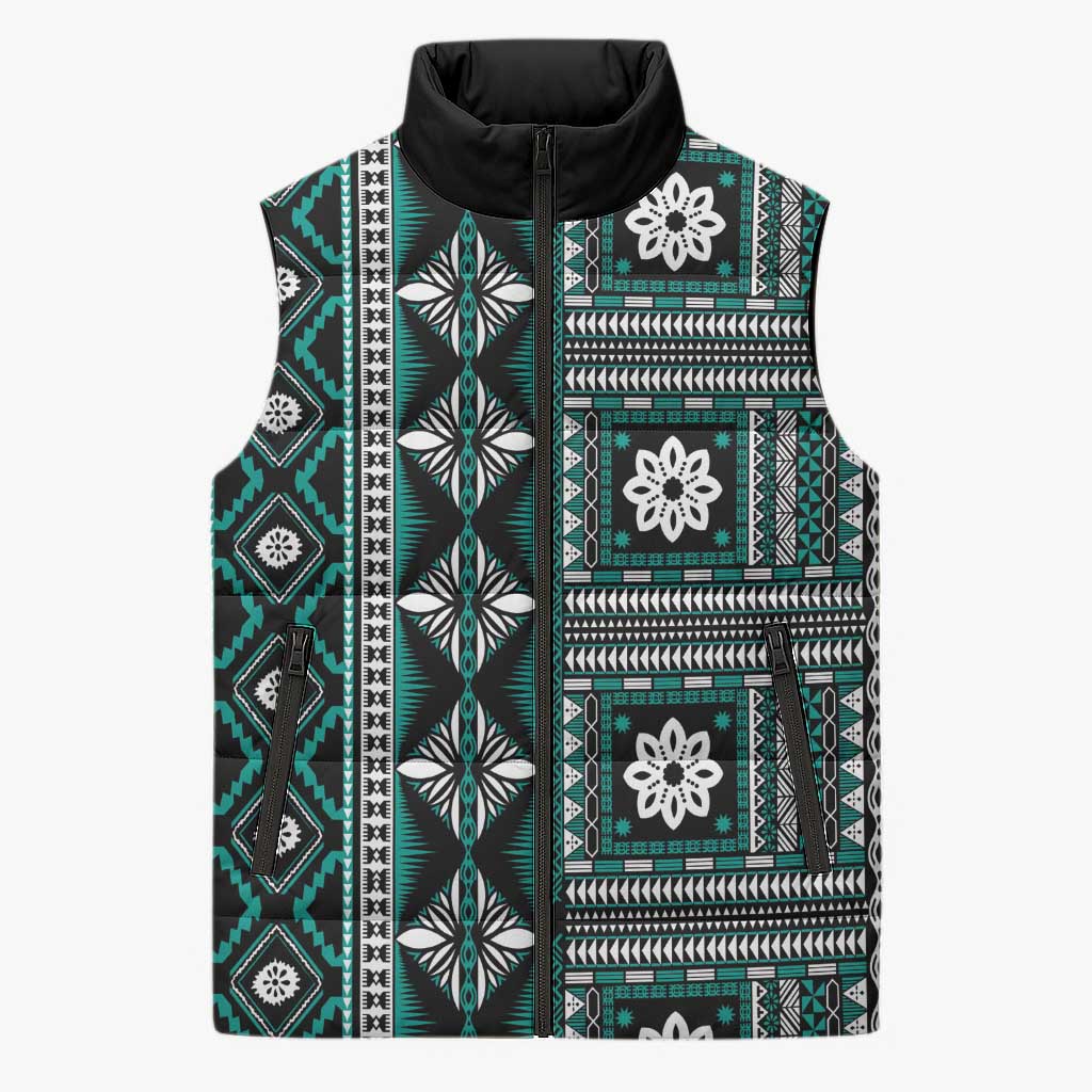 Fiji Masi Tapa Pattern Teal Sleeveless Puffer Jacket LT01 Unisex Teal - Polynesian Pride