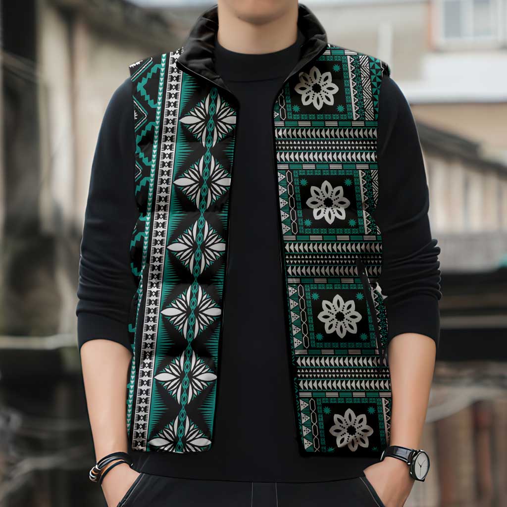 Fiji Masi Tapa Pattern Teal Sleeveless Puffer Jacket LT01 - Polynesian Pride