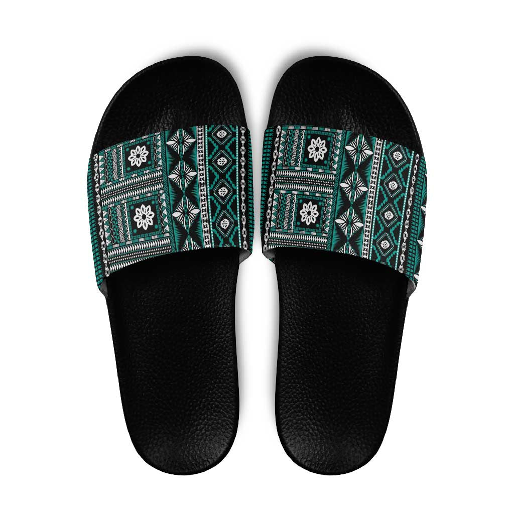 Fiji Masi Tapa Pattern Teal Slide Sandals LT01 Teal - Polynesian Pride