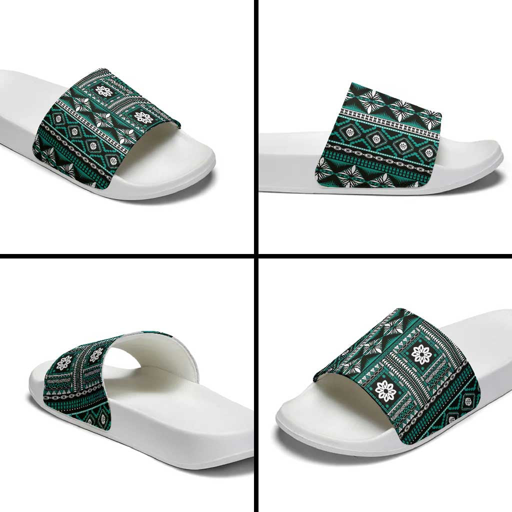 Fiji Masi Tapa Pattern Teal Slide Sandals LT01 - Polynesian Pride