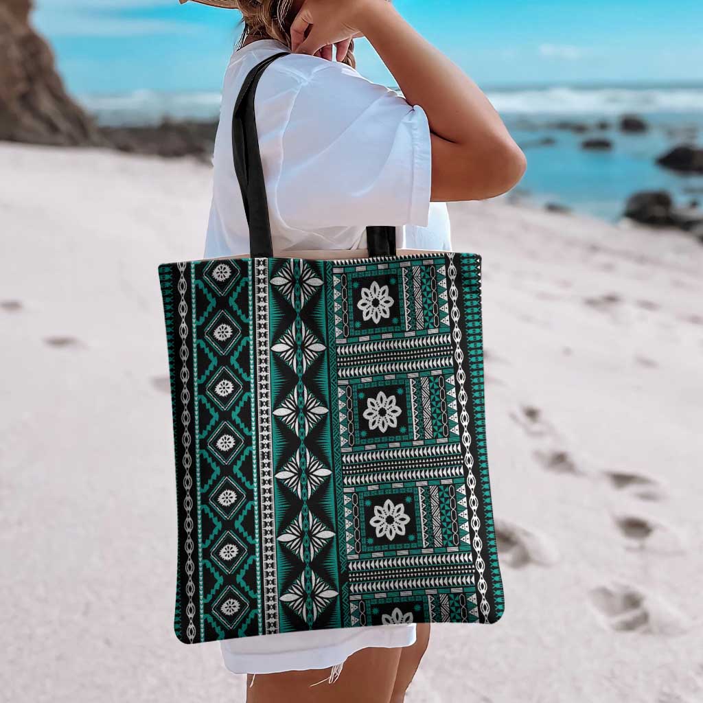 Fiji Masi Tapa Pattern Teal Tote Bag LT01 - Polynesian Pride