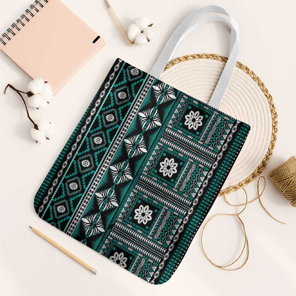 Fiji Masi Tapa Pattern Teal Tote Bag LT01 White Strap One Size Teal - Polynesian Pride