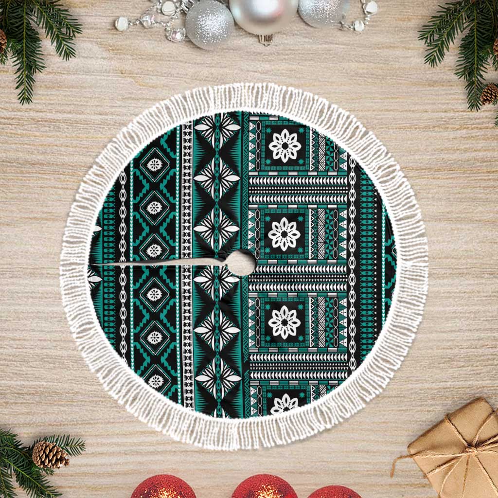 Fiji Masi Tapa Pattern Teal Tree Skirt LT01 Fringed Teal - Polynesian Pride