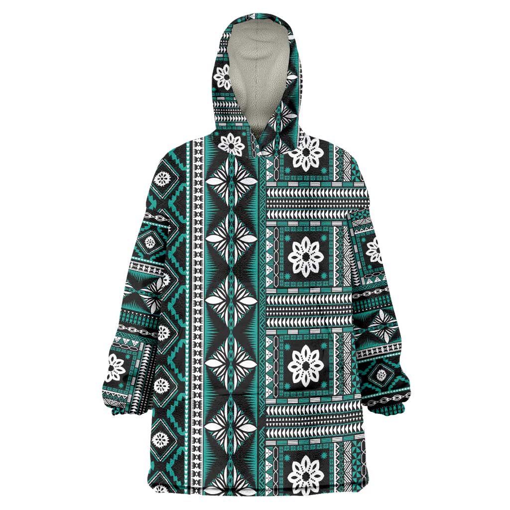 Fiji Masi Tapa Pattern Teal Wearable Blanket Hoodie LT01 One Size Teal - Polynesian Pride