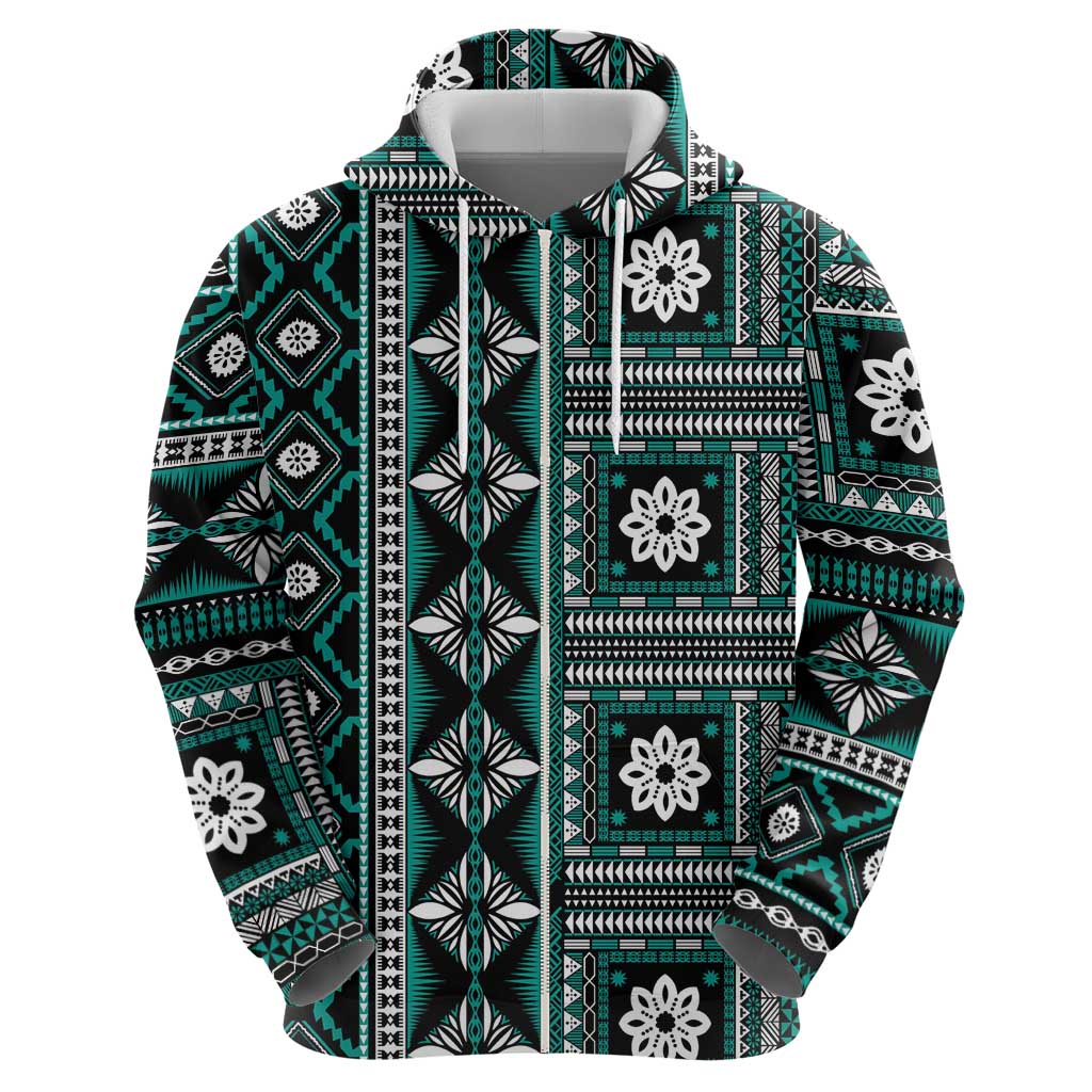 Fiji Masi Tapa Pattern Teal Zip Hoodie LT01 - Polynesian Pride