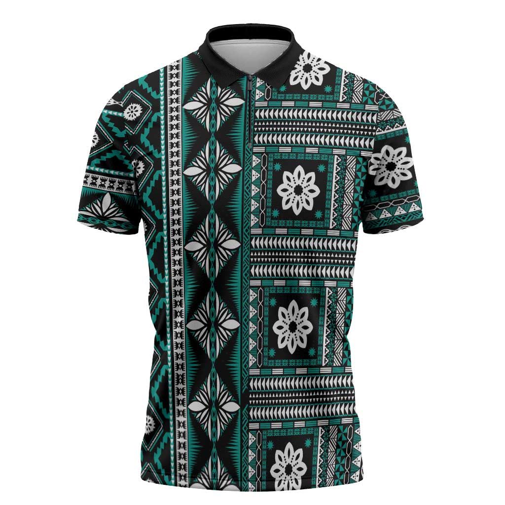 Fiji Masi Tapa Pattern Teal Zipper Polo Shirt LT01 Teal - Polynesian Pride