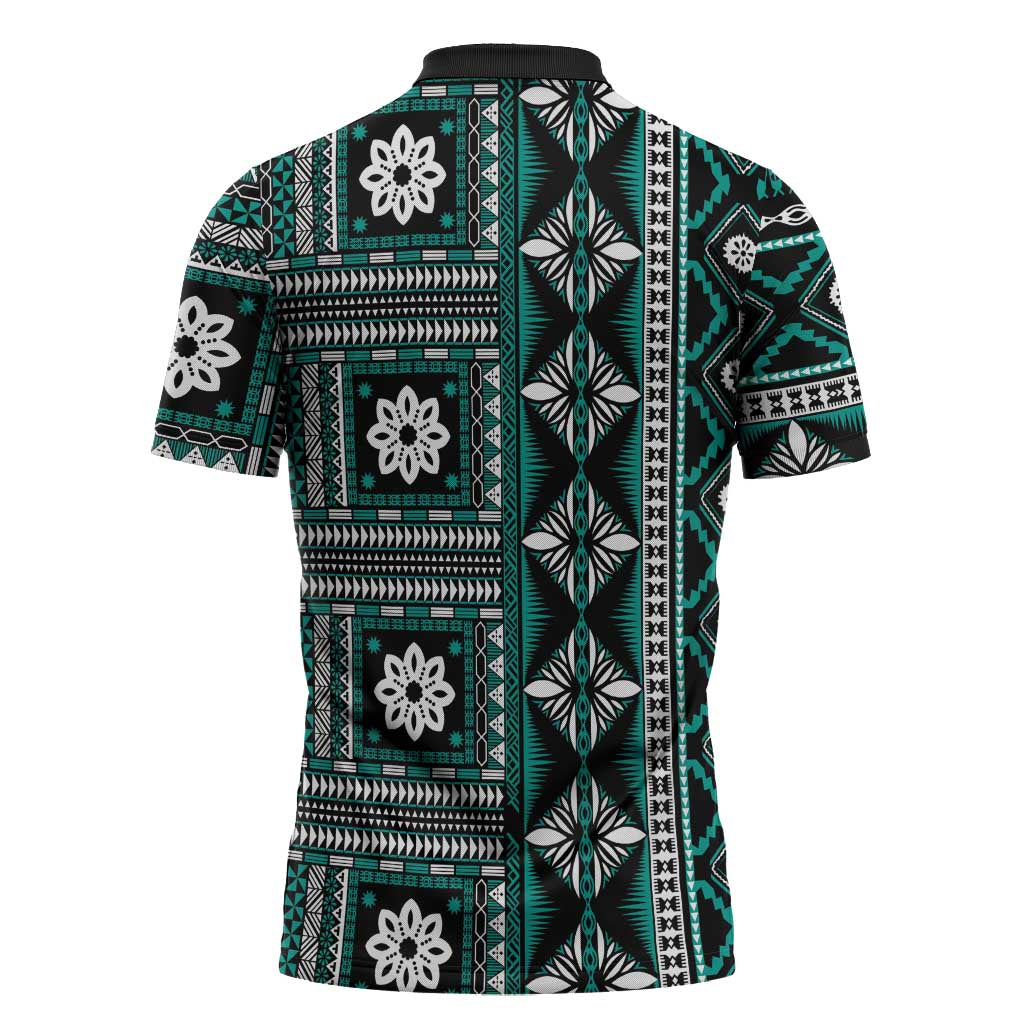 Fiji Masi Tapa Pattern Teal Zipper Polo Shirt LT01 - Polynesian Pride