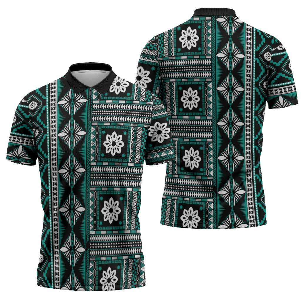 Fiji Masi Tapa Pattern Teal Zipper Polo Shirt LT01 - Polynesian Pride