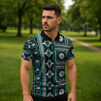 Fiji Masi Tapa Pattern Teal Zipper Polo Shirt LT01 - Polynesian Pride